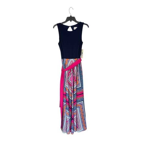 NWT Eliza J | Navy Pink Scarf Print Sleeveless‎ Belt Maxi Dress 10 - Picture 2 of 9